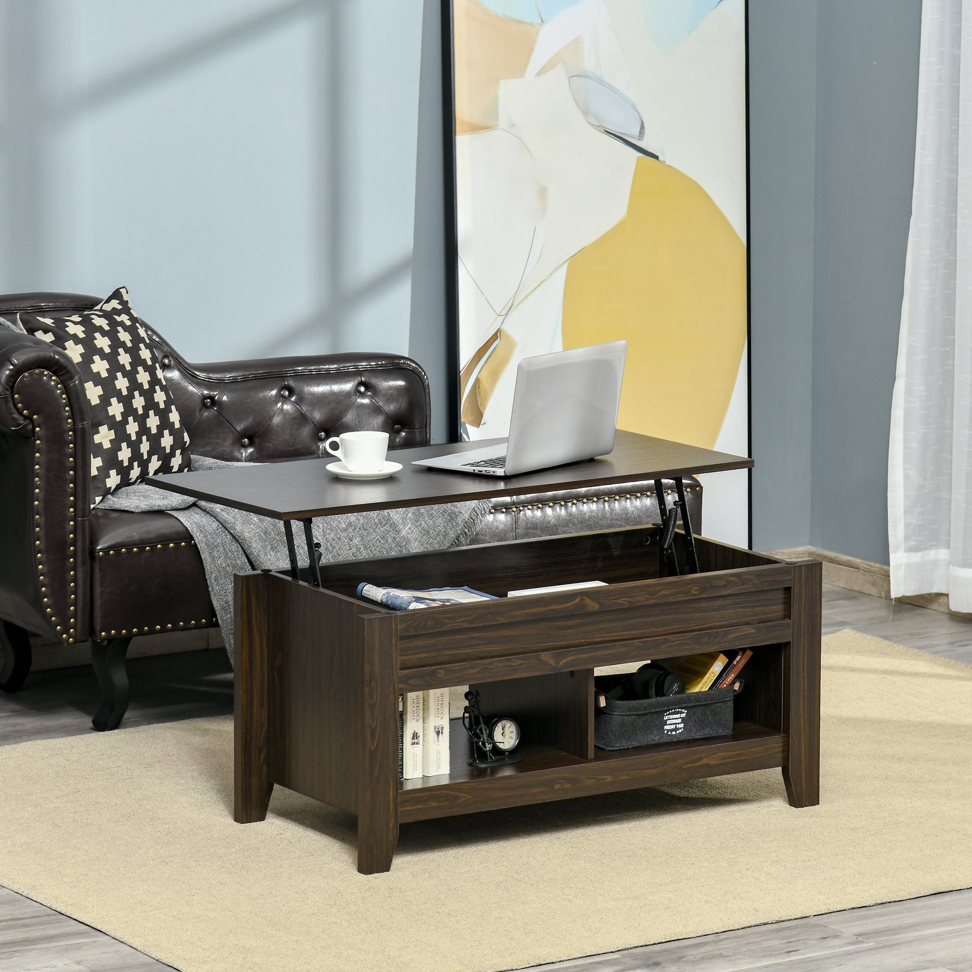 Lift Top Coffee Table with Hidden Storage Compartment and Open
